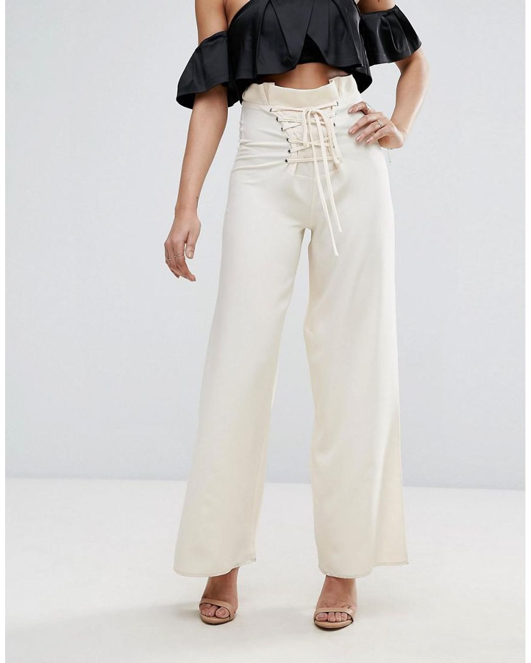 Missguided High Waisted Corset Lace Up Pants in Natural