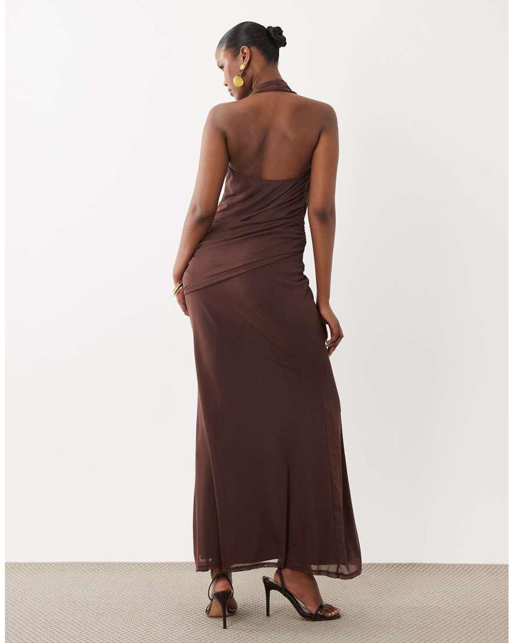 ASOS Brown Mesh Halter Maxi Dress With Draped Sash Detail
