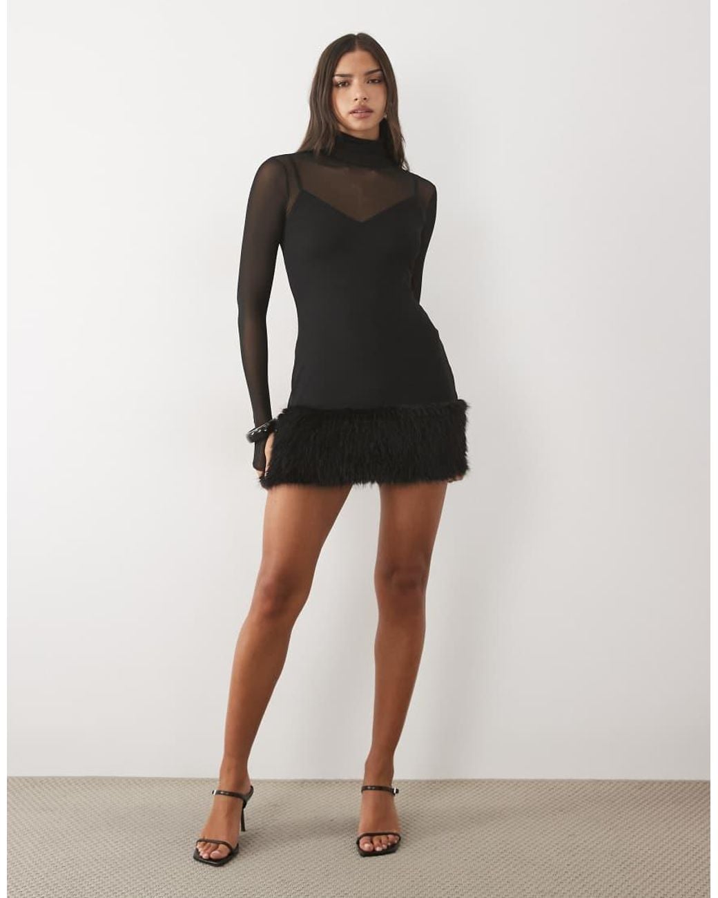 AFRM Black Saige Mesh Mini Dress With Fur Hem Detail