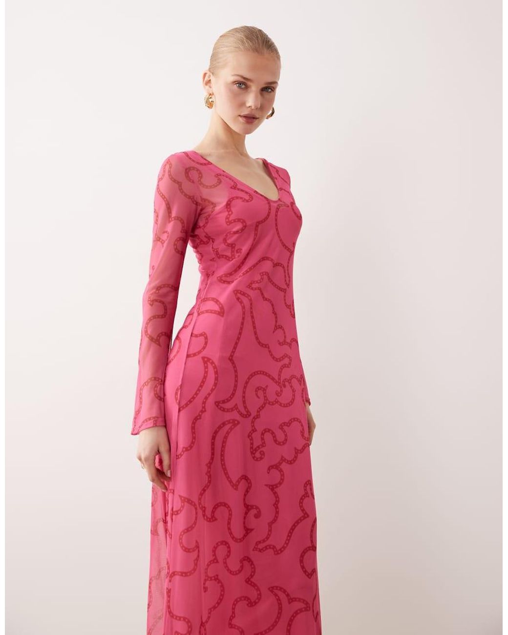 Never Fully Dressed Pink V Neck Mesh Maxi Dress