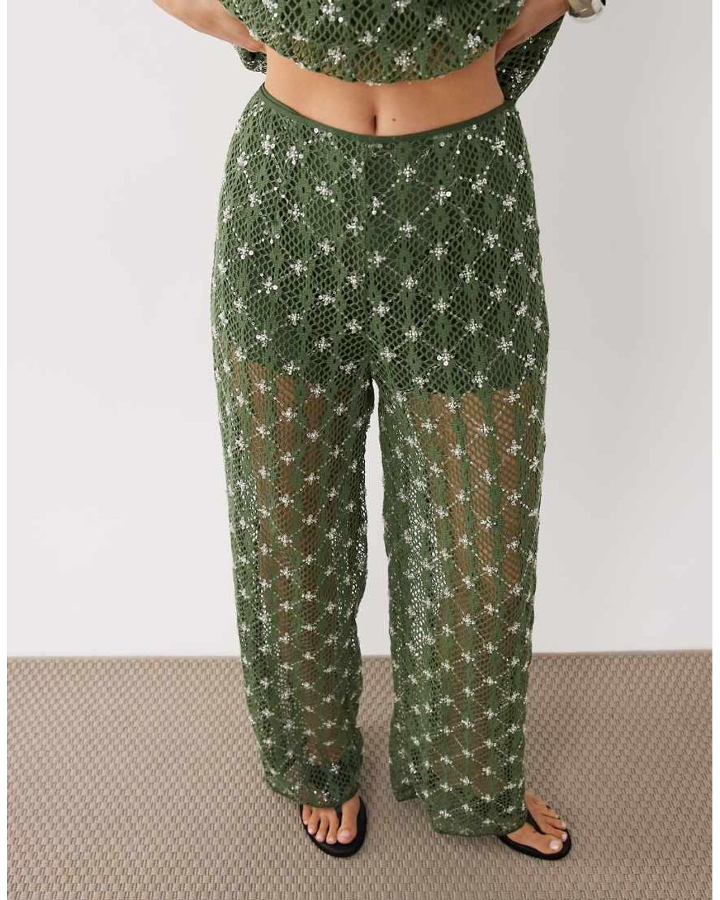 Pantalón Recto De Talle Alto De Algodón Con Adornos, Parte De Un Conjunto, En Ghospell de color Green