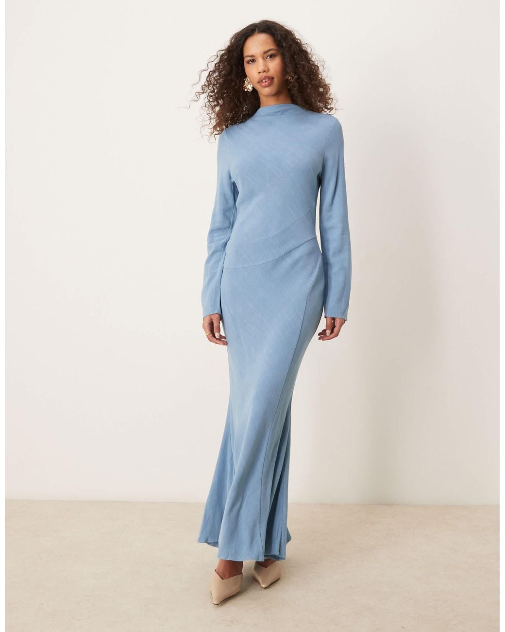 ASOS Linen High Neck Seam Detail Maxi Dress in Blue | Lyst