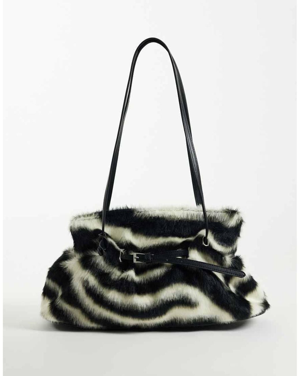 Gina Tricot Black Faux Fur Shoulder Bag With Strap And Clutch Detail