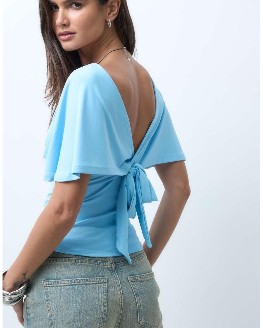 ASOS Blue Polyamide Plunge Sleeveless Tie Back Cinch Top