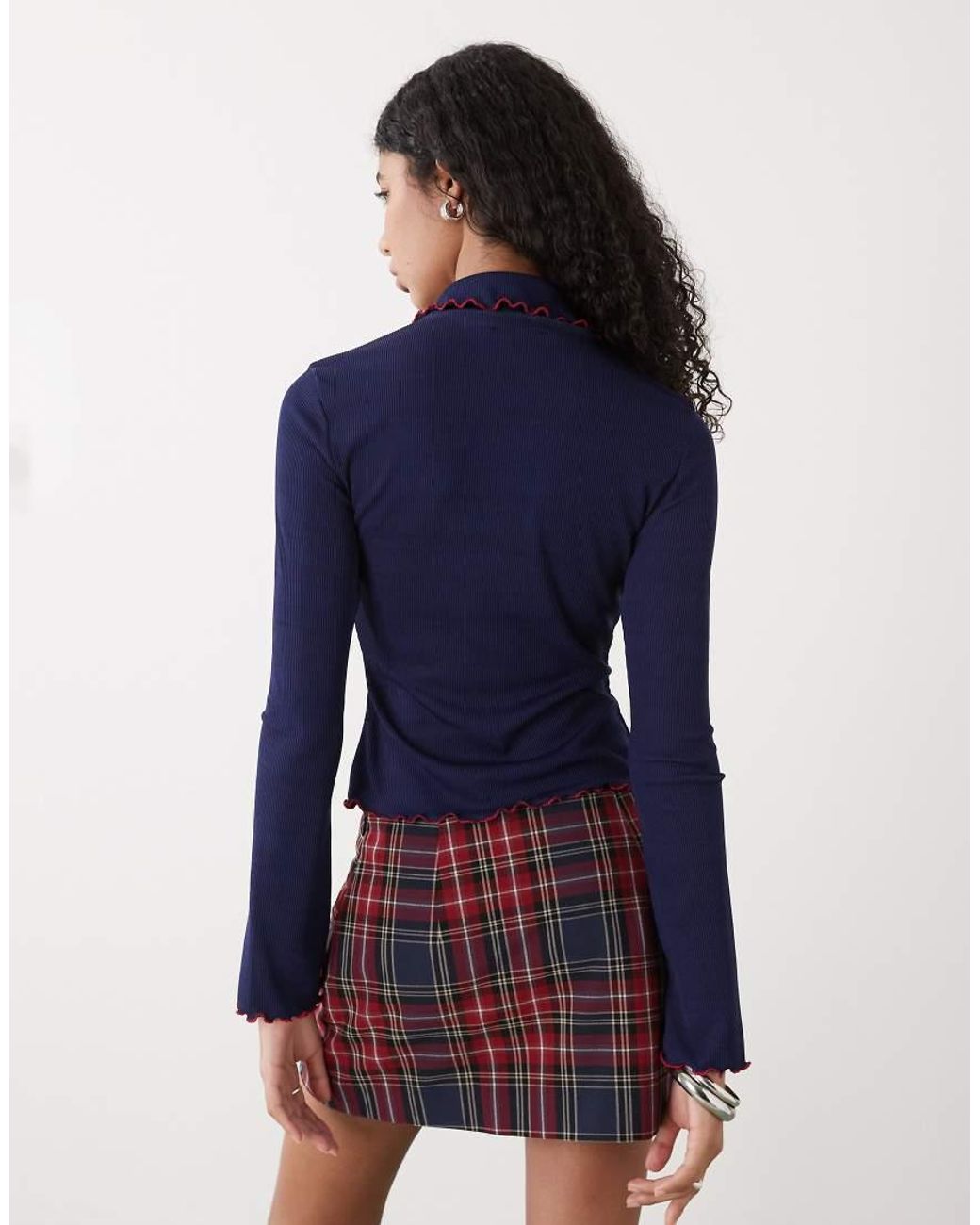 Reclaimed (vintage) Blue Rib Collar Cardi With Contrast Lettuce Edge