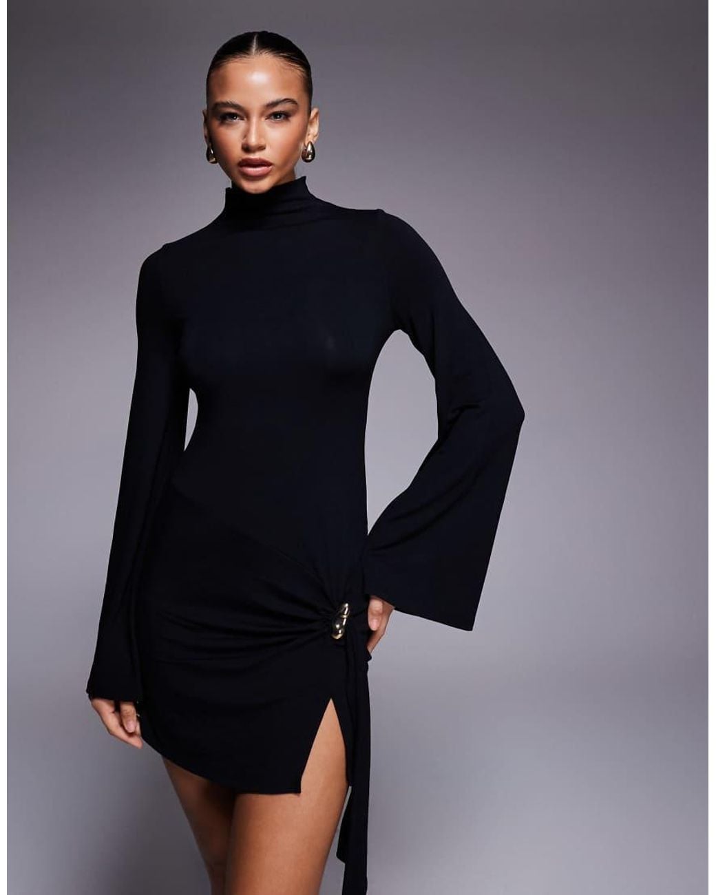 ASOS Blue High Neck Mini Dress With Gathe Hardware Trim Detail