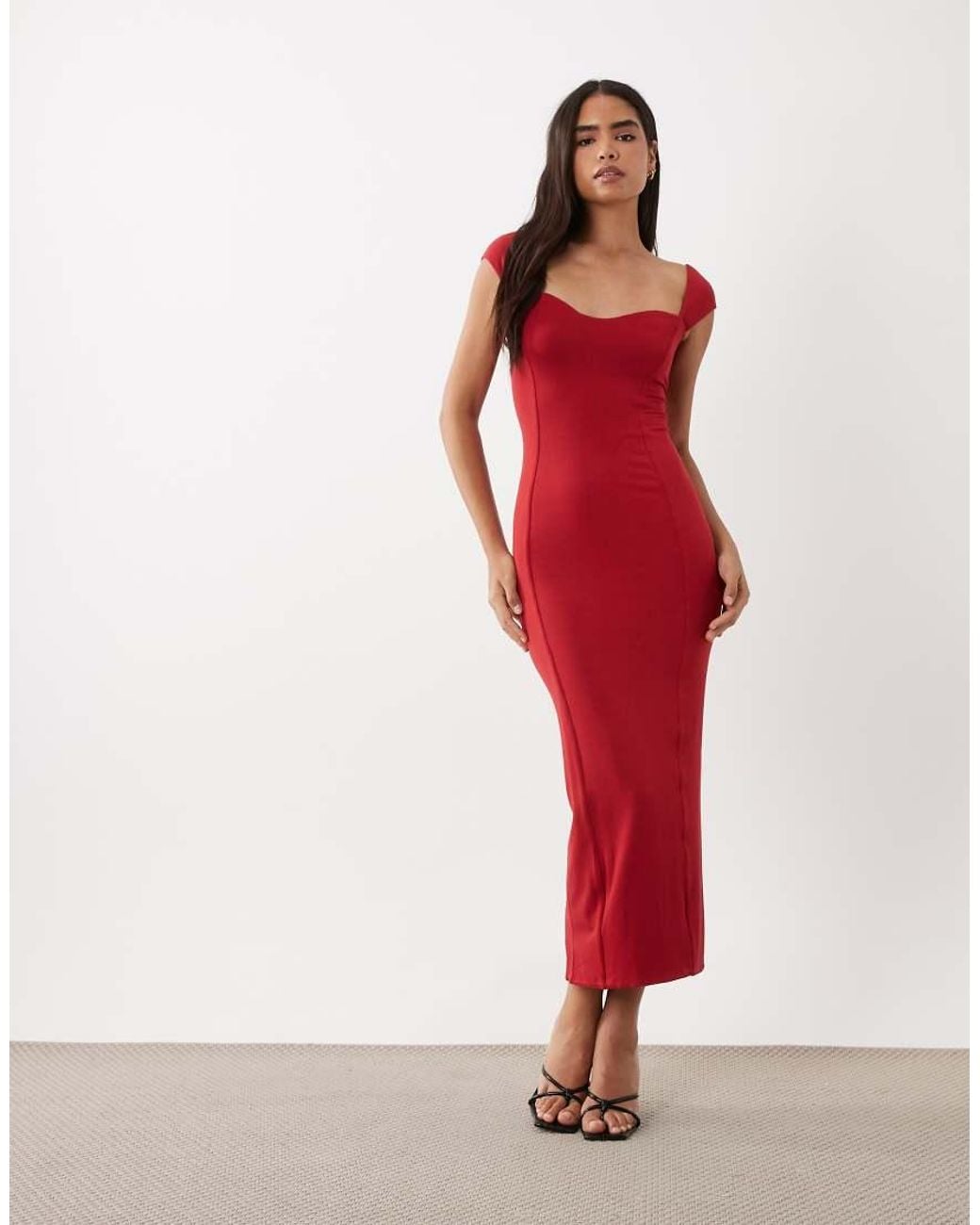 Oh Polly Red Modal Sweetheart Neck Cap Sleeve Maxi Dress