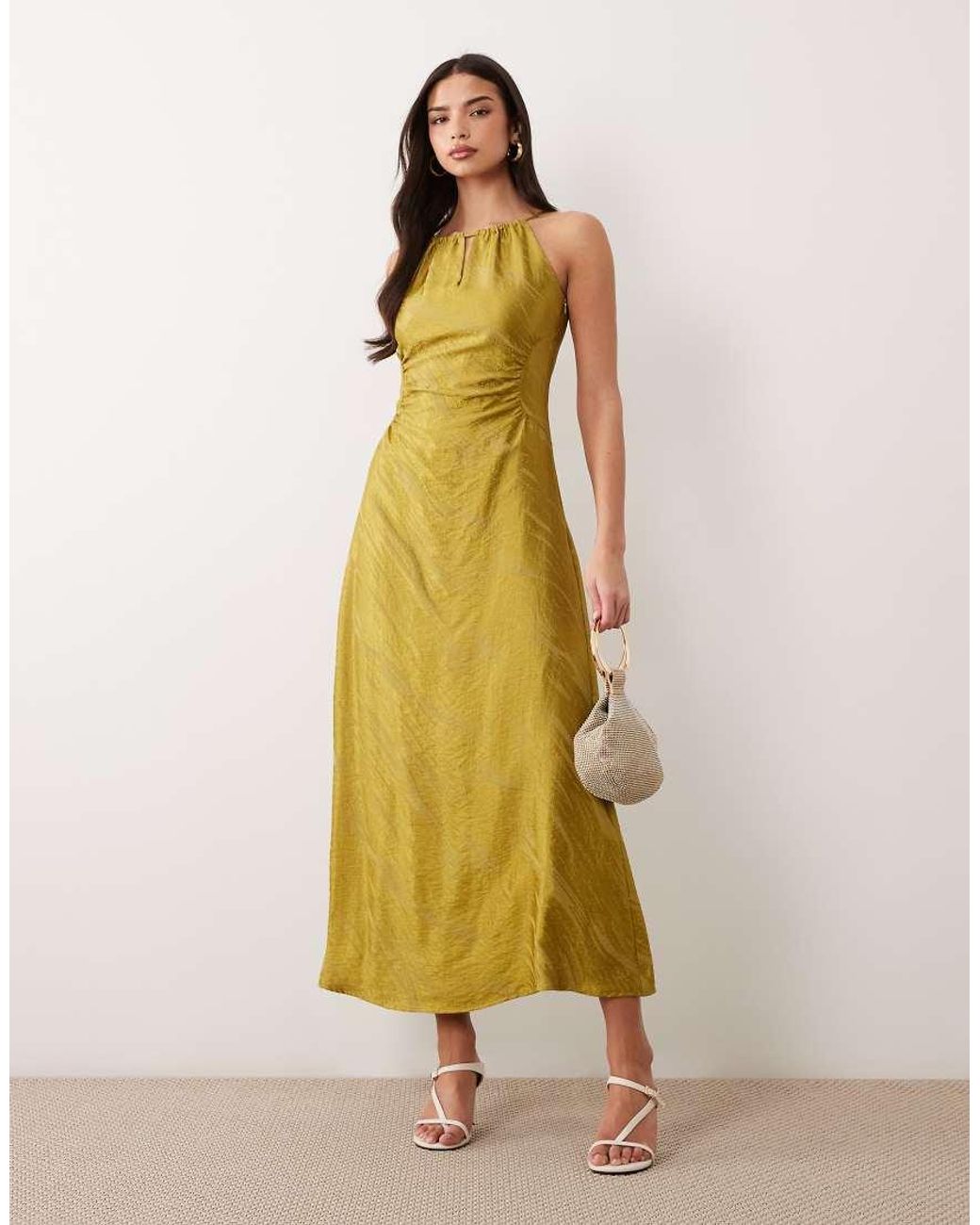 Y.A.S Yellow Cinched Waist Textured Satin Maxi Dress