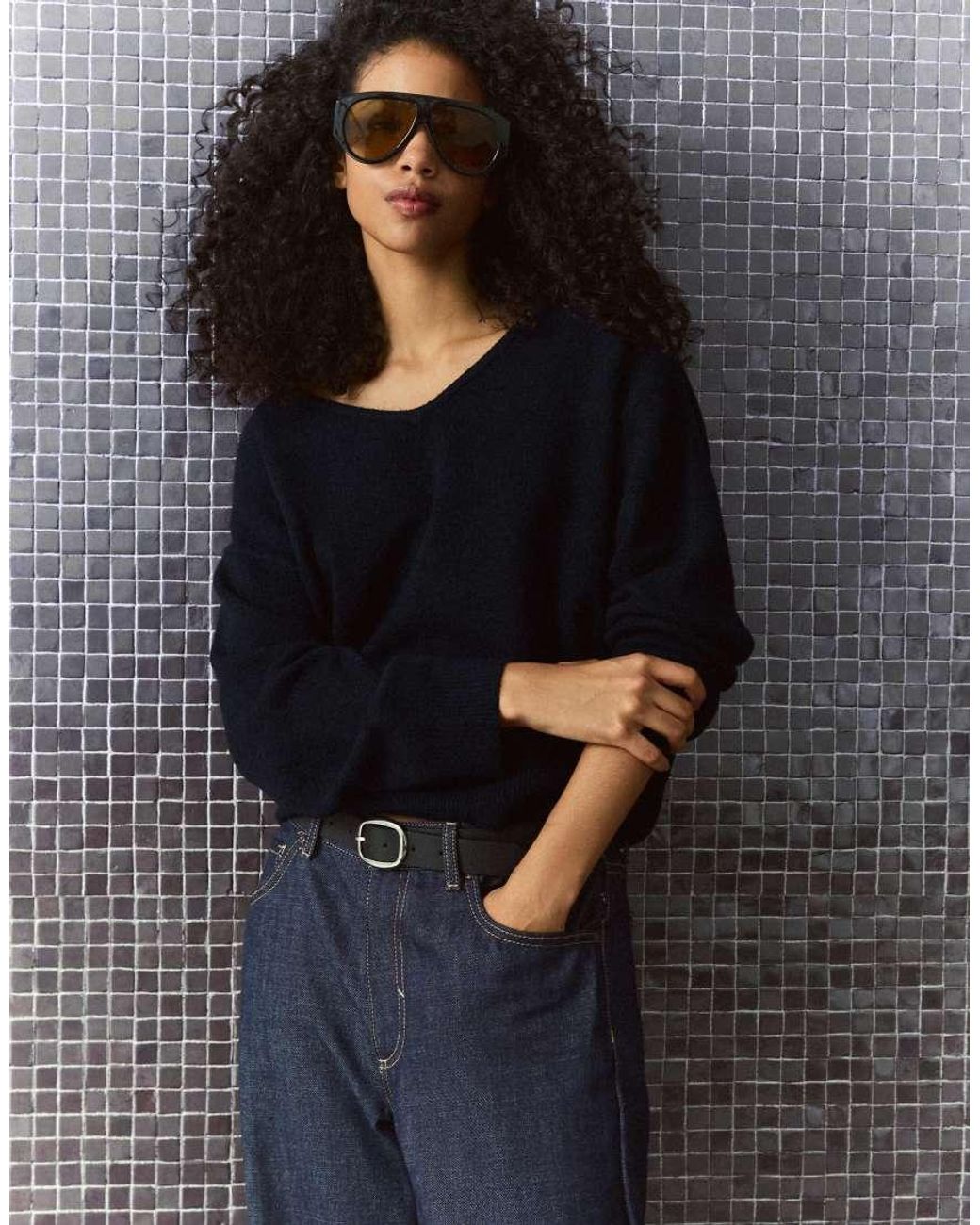 Bershka Blue Oversize V-Neck Jumper