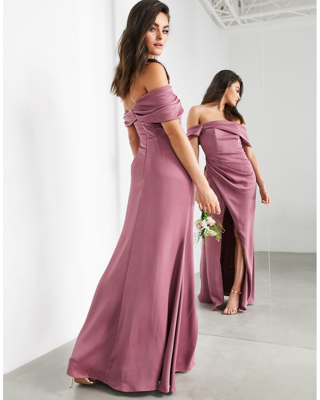 satin bardot drape wrap maxi dress