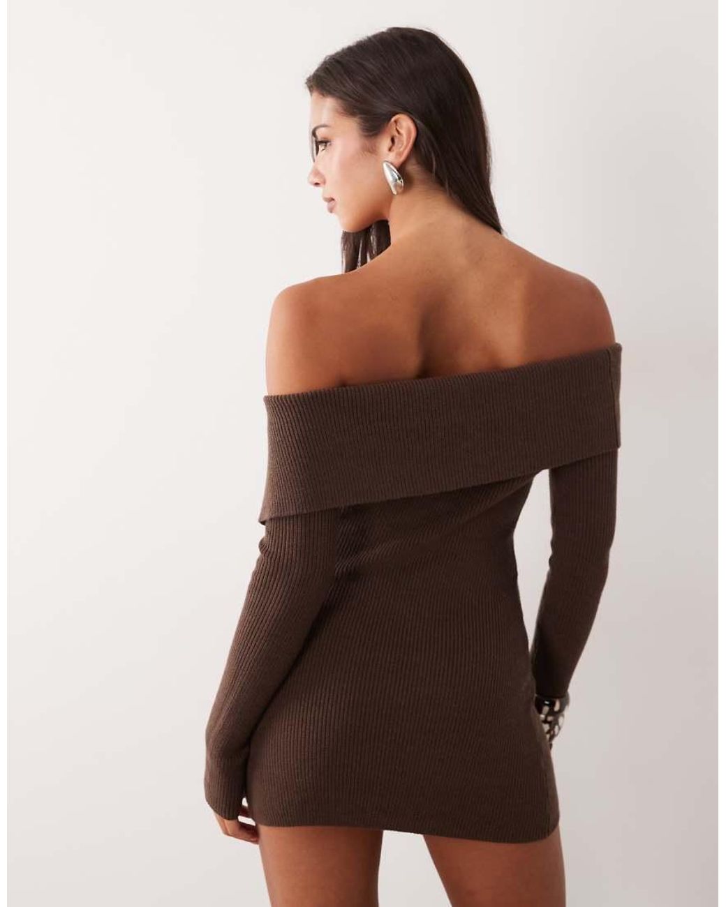Aria Cove Brown Foldover Off Shoulder Button Down Knit Mini Dress