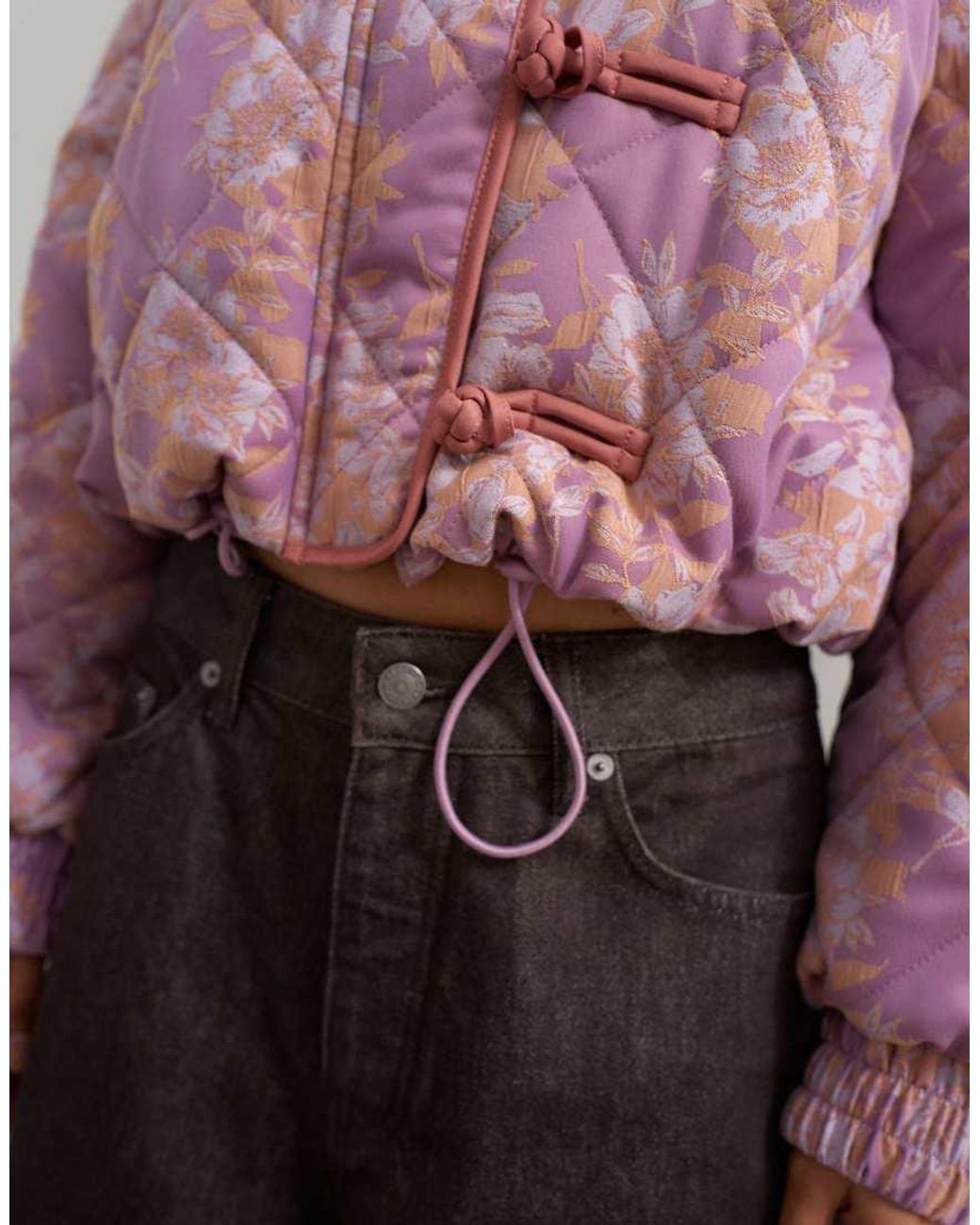 TOPSHOP Pink Printed Fur Collar Jacket