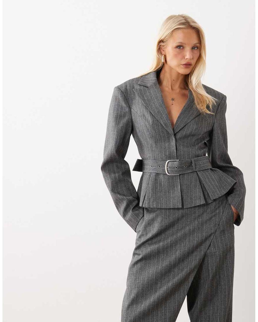 ASOS Gray Tailored Cinched Belted Long Sleeve Blazer