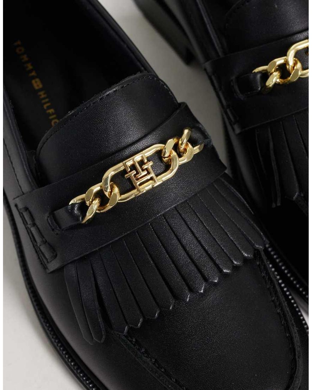 Tommy Hilfiger Black Rossie Leather Loafers With Chain Fringe