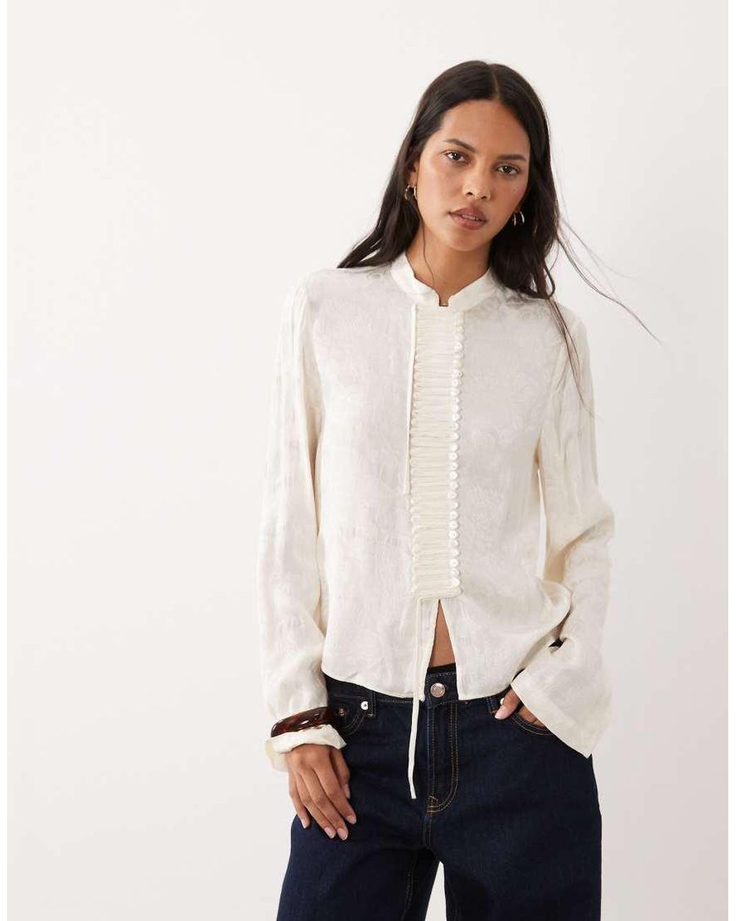 Mango Natural High Neck Jacquard Long Sleeve Blouse With Button Detailing