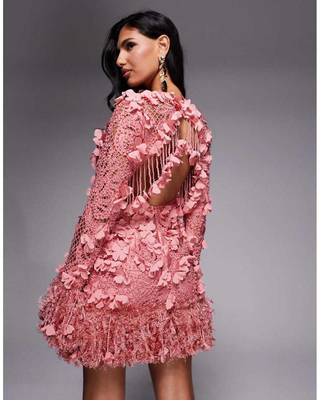 ASOS Pink 3D Floral Embellished Broderie Mini Dress With Faux Feather Trim