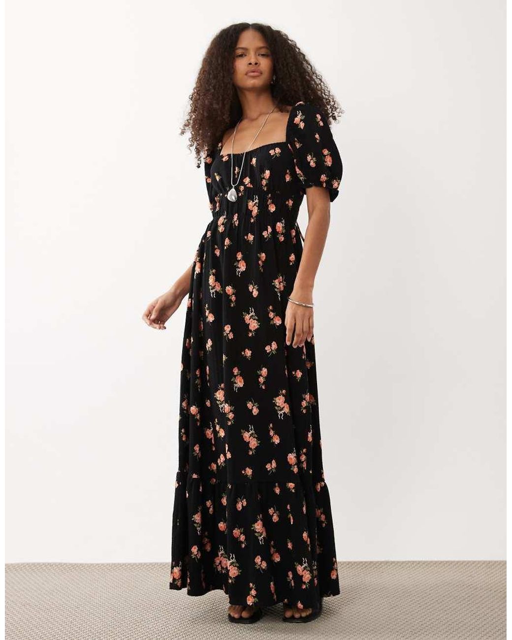 Miss Selfridge Black Seersucker Puff Sleeve Milkmaid Maxi Dress