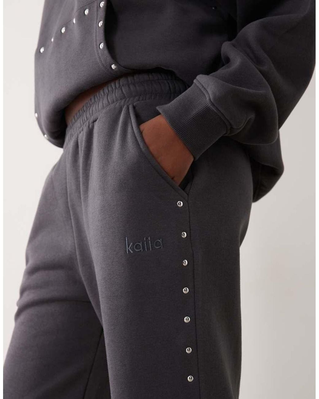 Kaiia Gray Cotton Rich Studded Wide Leg Joggers Co-Ord