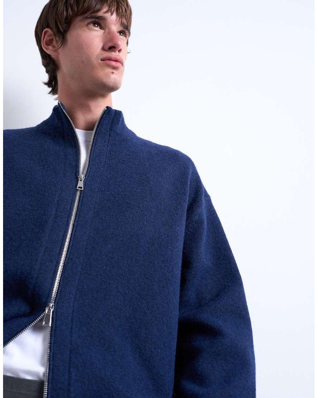 Topman Blue Double Zip Funnel Neck Cardigan for men