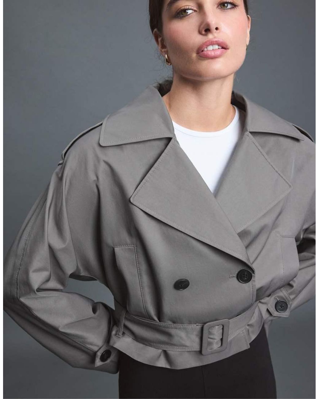 Stradivarius Gray Short Trench Coat With Padded Shoulders