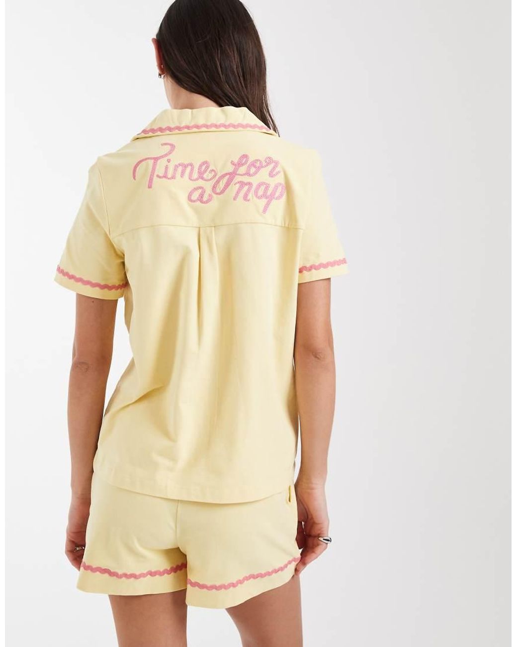 Chelsea Peers Natural Time For A Nap Embroidered Short Sleeve Button Up Shirt And Shorts Nightwear Set
