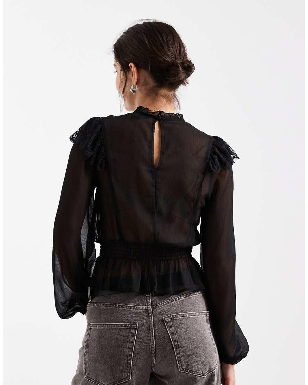 New Look Black Lace Insert Chiffon Blouse