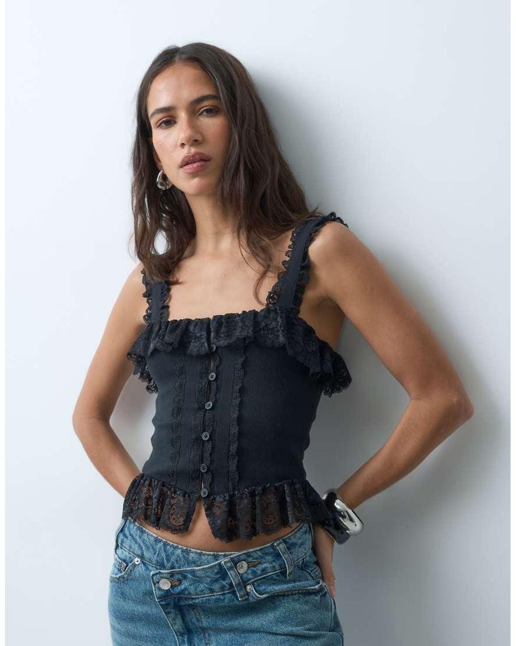 Miss Selfridge Blue Button Through Cinched Corset Top With Lace