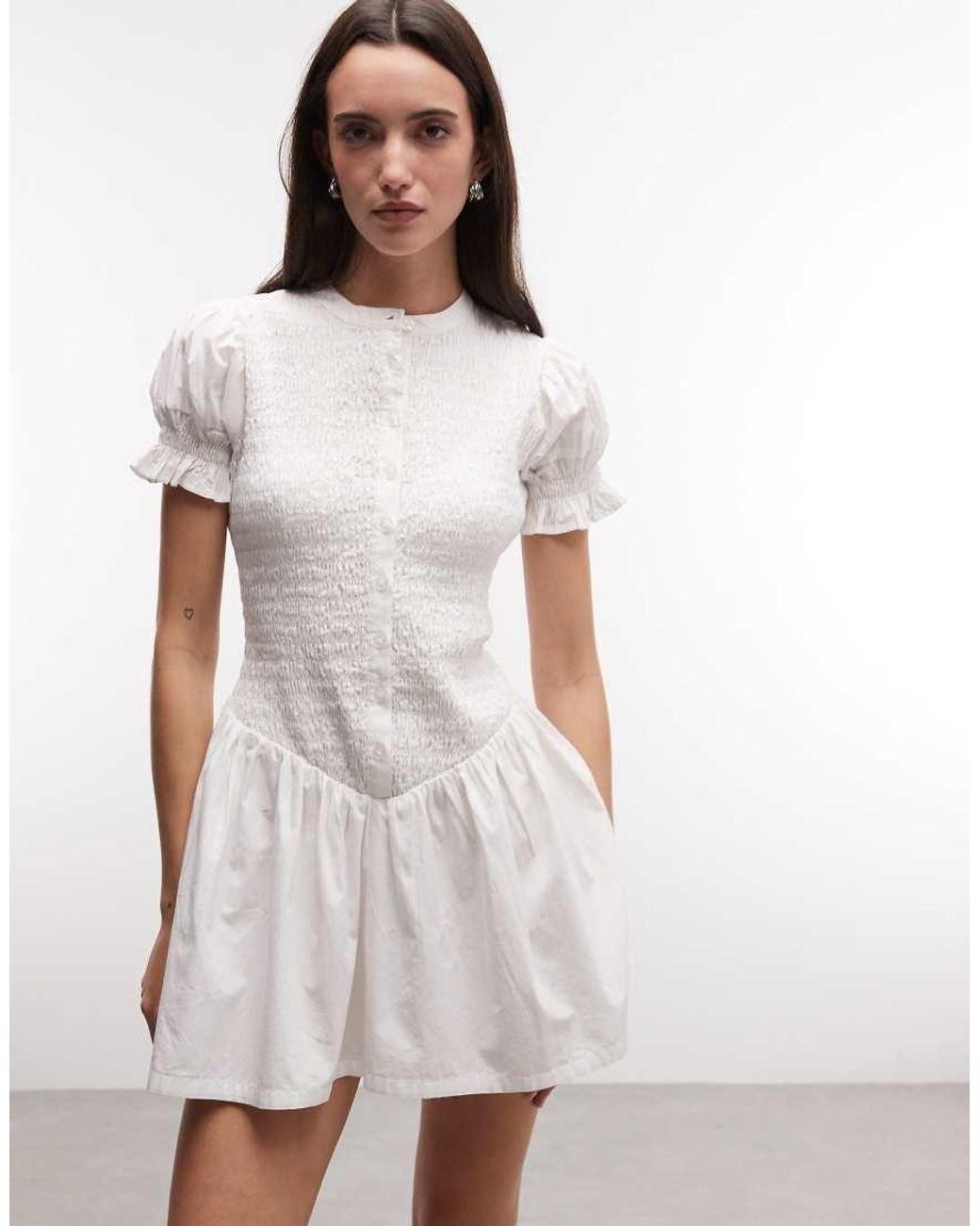 Collusion White Shirred Button Mini Shirt Dress