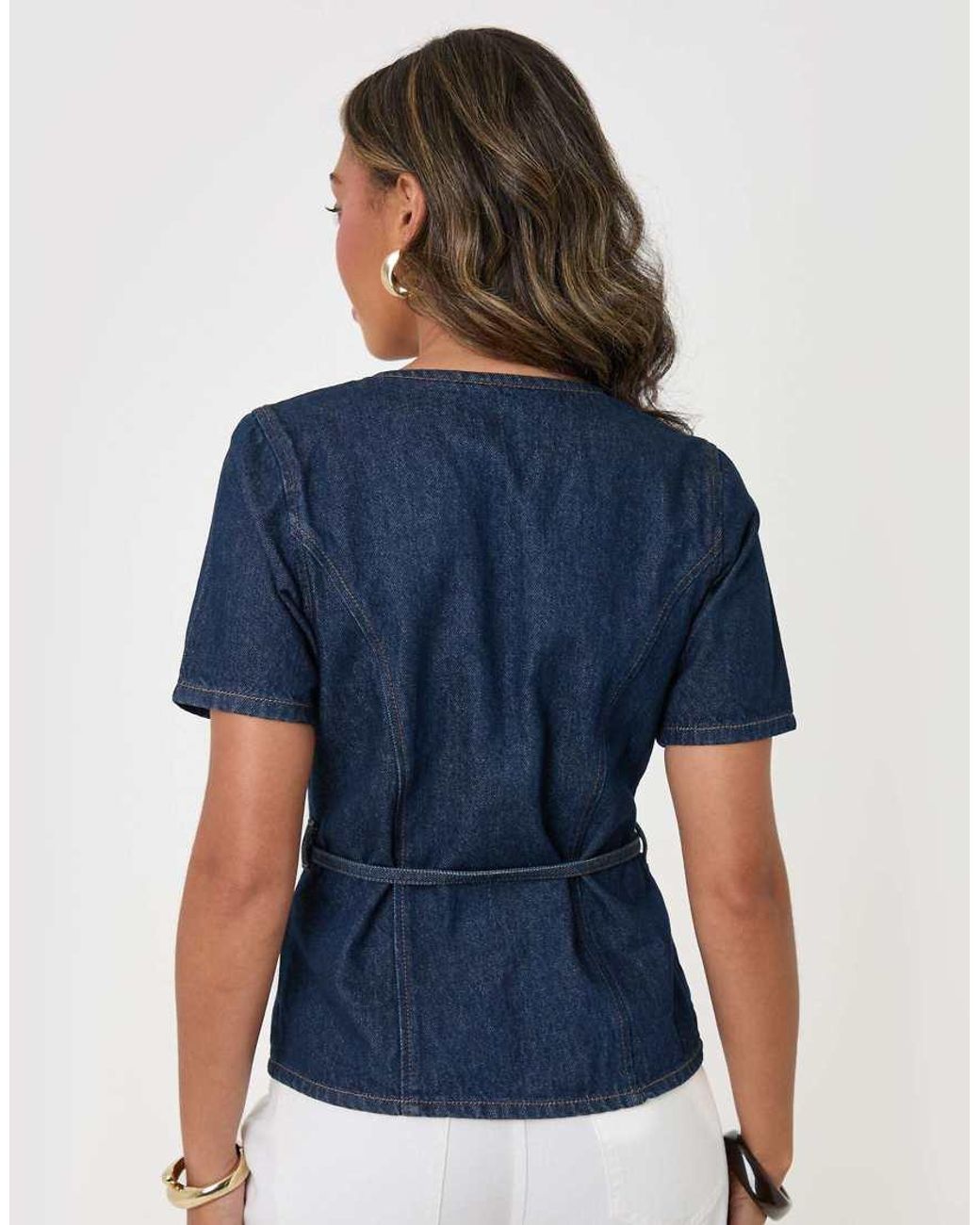 Threadbare Blue Denim Belted Short Sleeve Top