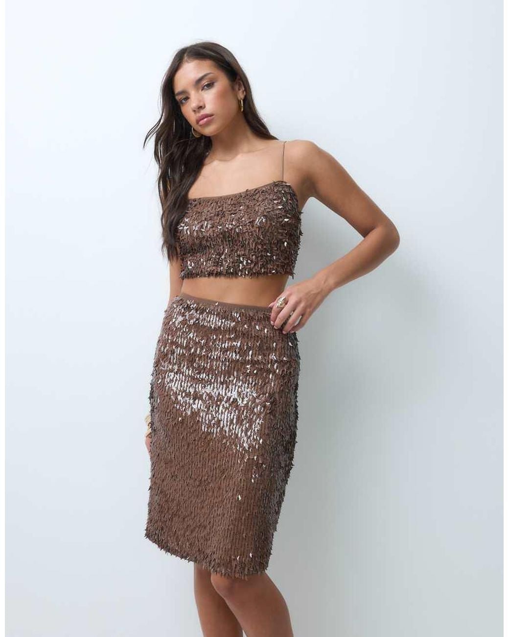 ASOS Brown Co-ord Feather Sequin Midi Skirt