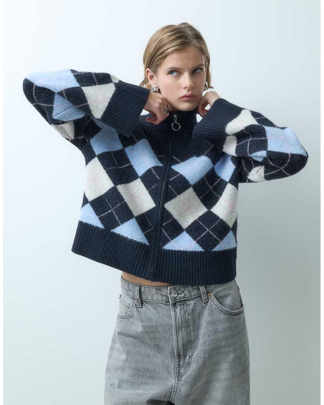 Miss Selfridge Multicolor Zip Funnel Neck Argyle Cardigan