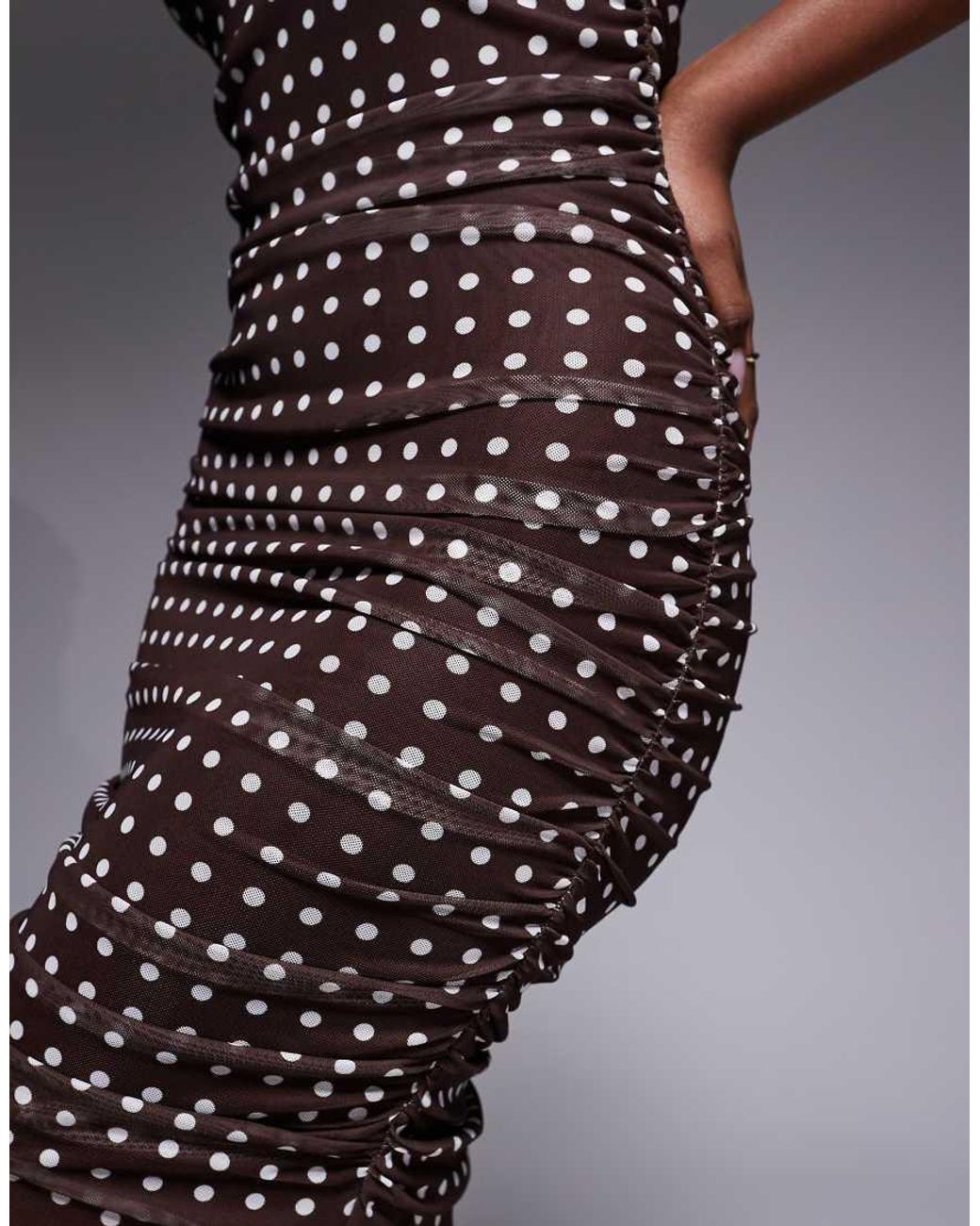 Ruched & Ready Brown Sculpting Mesh High Neck Sleeveless Draped Fishtail Hem Maxi Dress