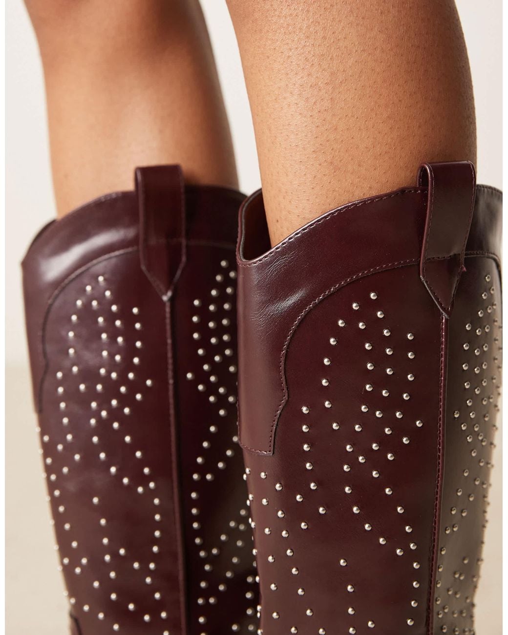 Glamorous Brown Studded Western Knee Boots