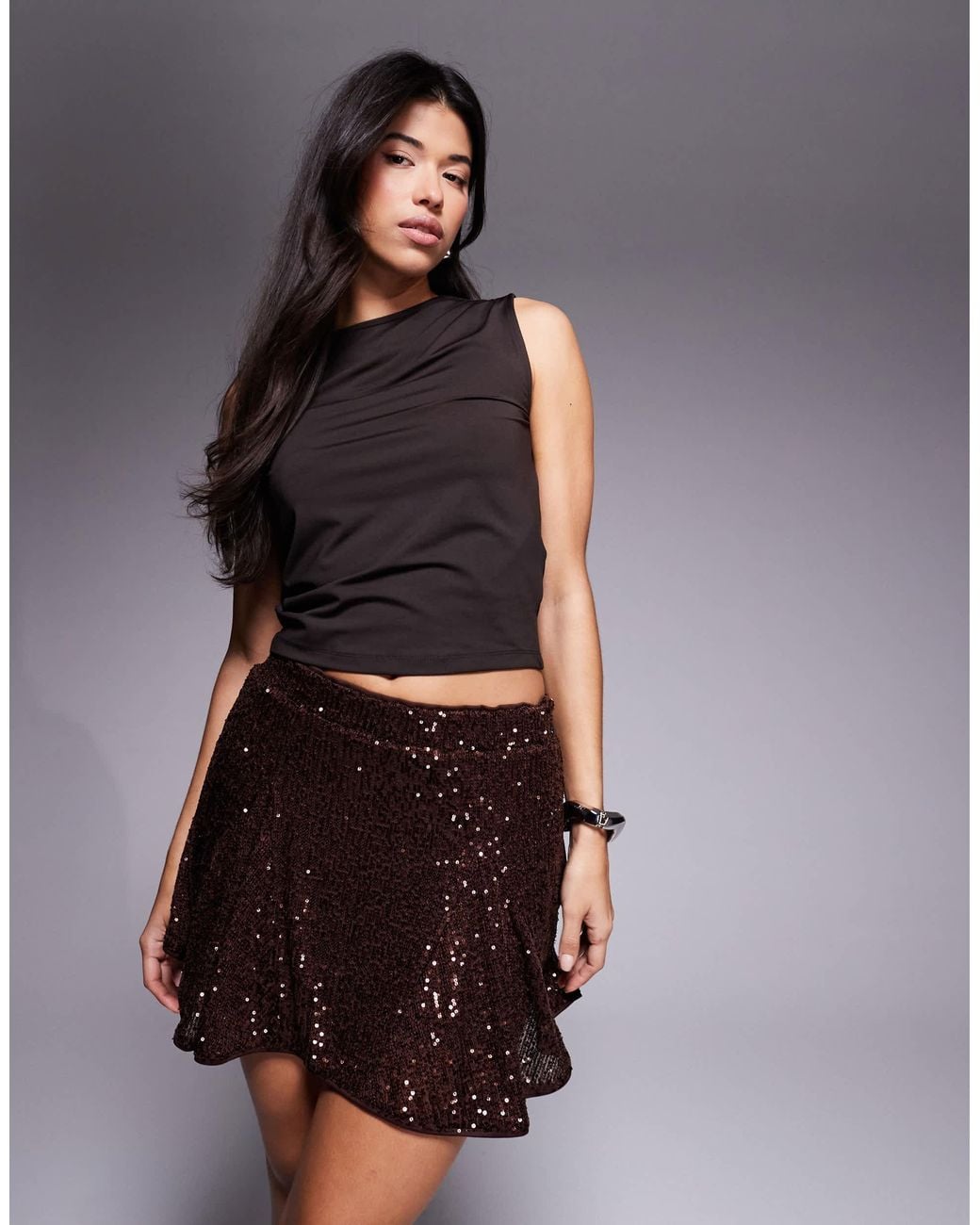 ASOS Brown Allover Sequin Godet Flippy Mini Skirt