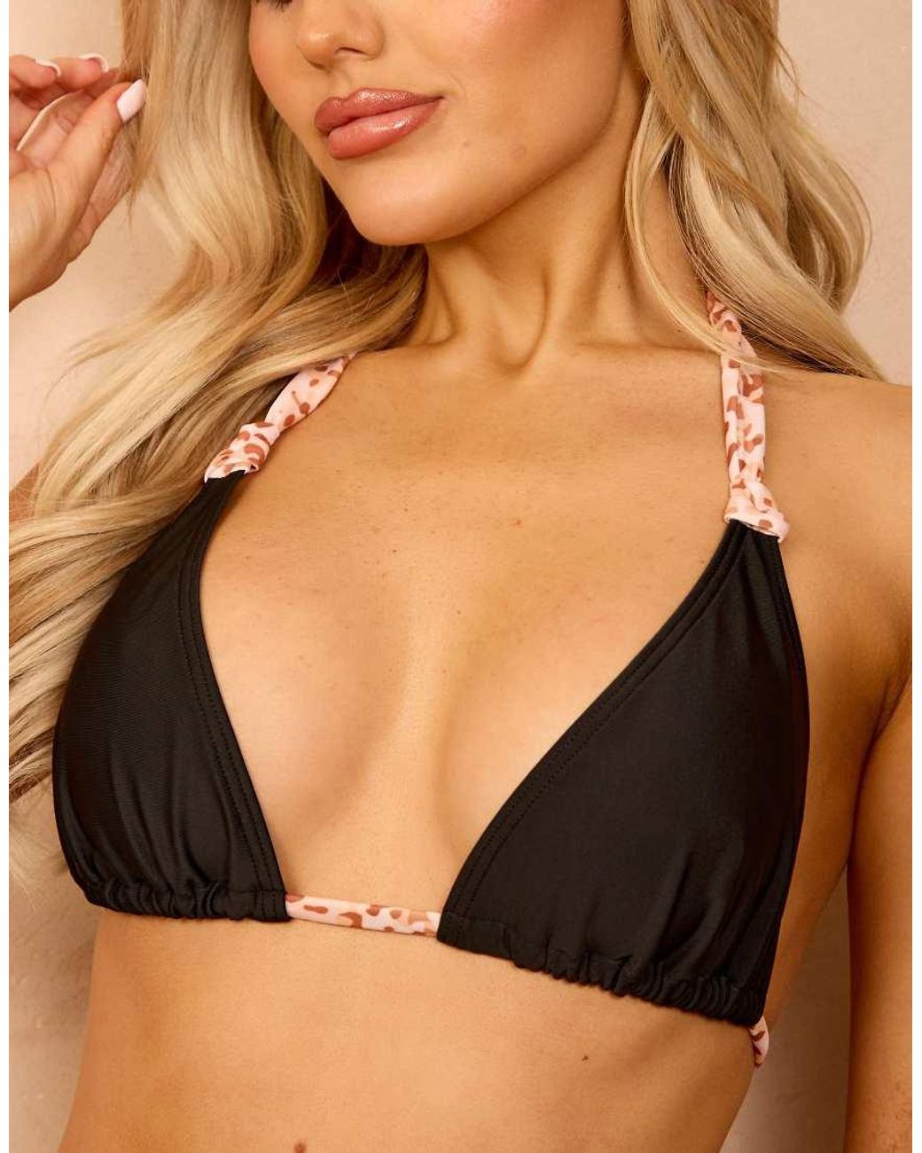 Wolf & Whistle Brown X Isabella Whittingham Triangle Bikini Top With Leopard Contrast Straps