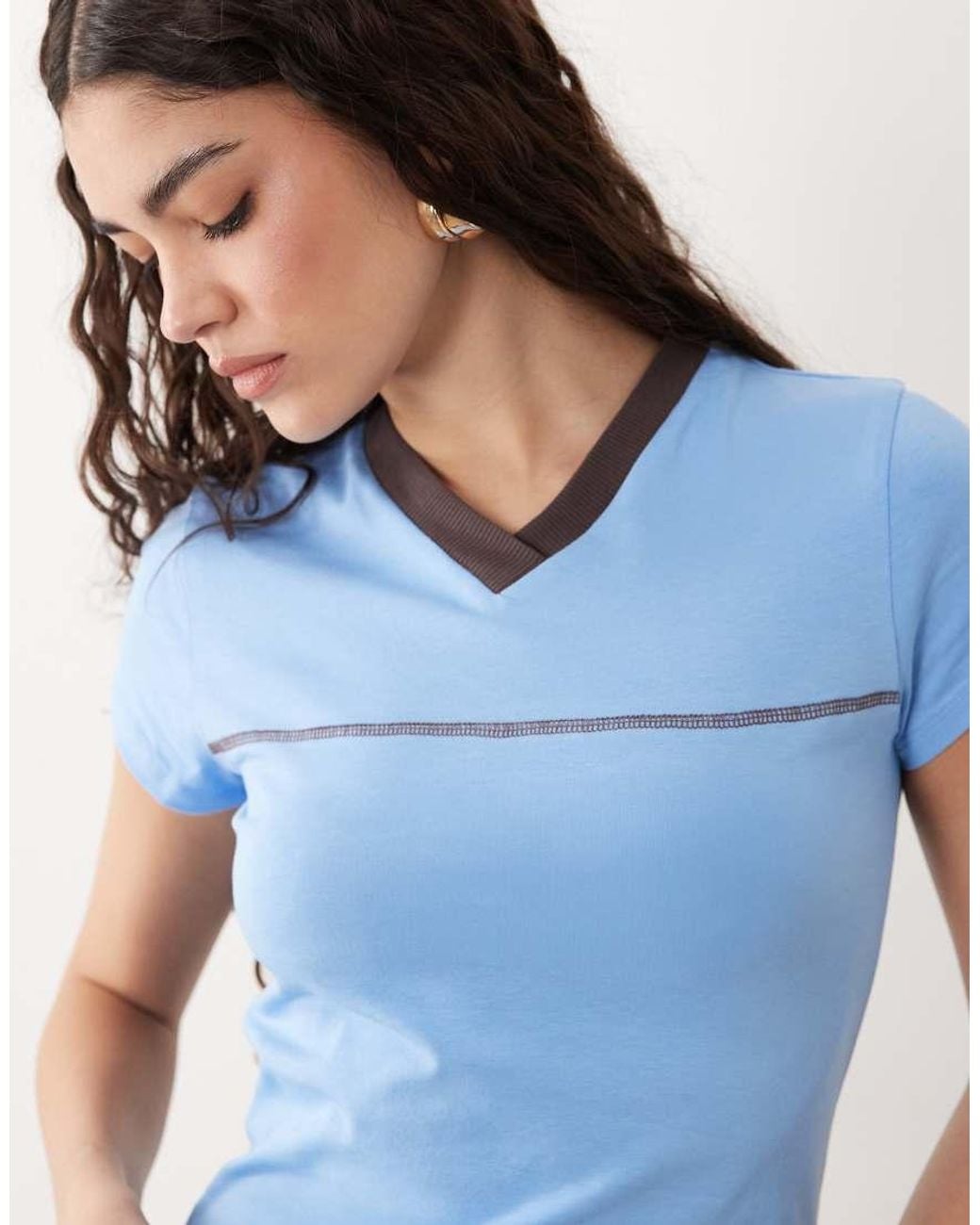 ASOS Blue V Neck Baby Tee With Contrast Neck Band