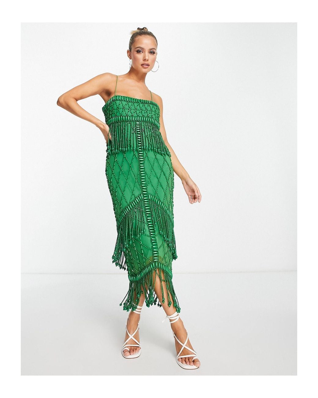 slim fit dress slacks Rent Asos Design All Over Feather Embellished Maxi Dress In Green main image 0