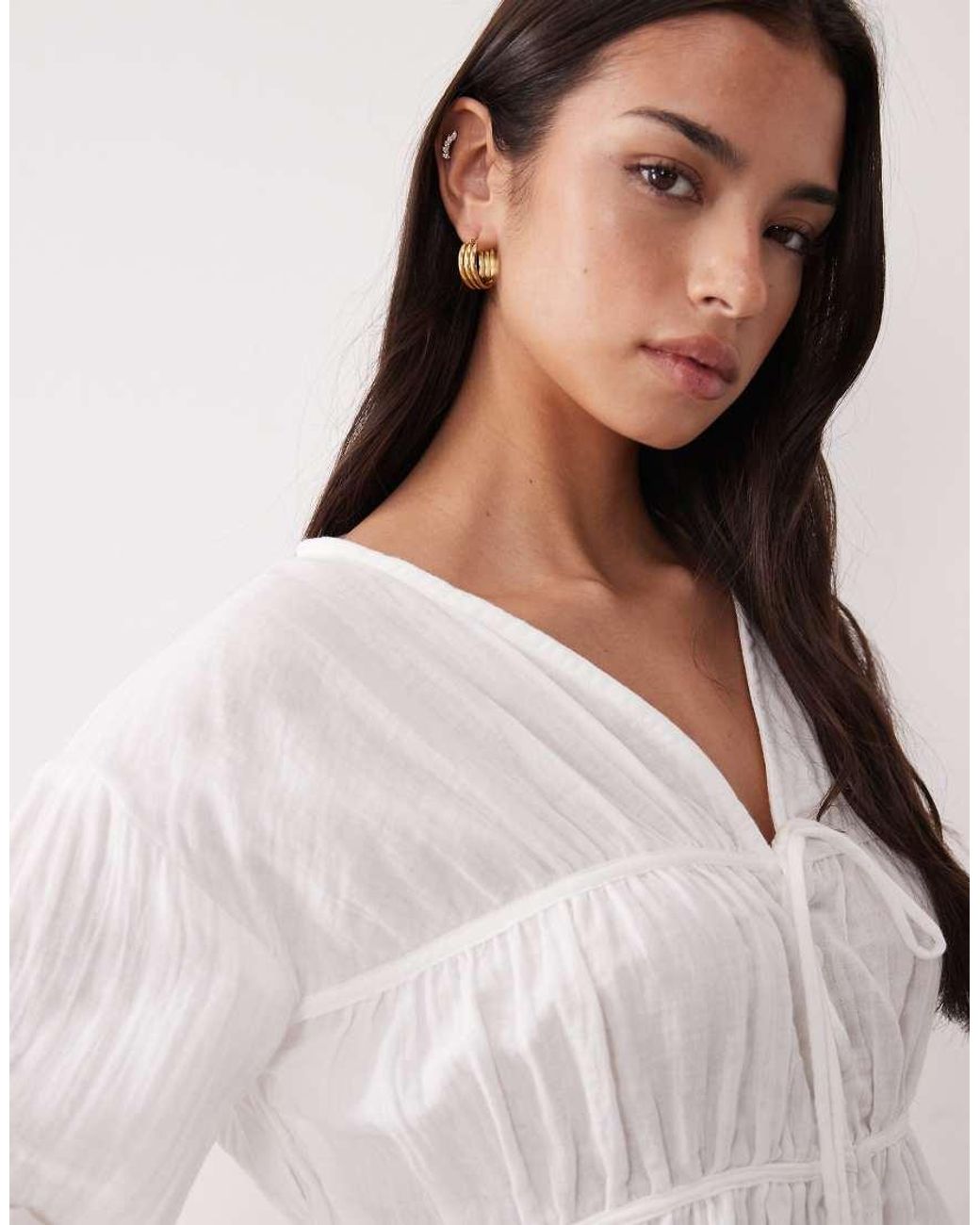 ASOS White Long Sleeve Smock Top With Button Front