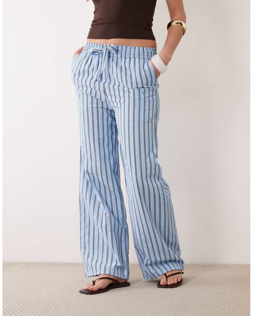 New Look Blue Seersucker Stripe Wide Leg Trousers