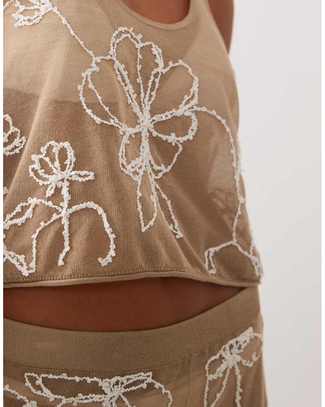 Miss Selfridge Natural Beach Premium Sheer Knit Embroidered Crop Vest Top