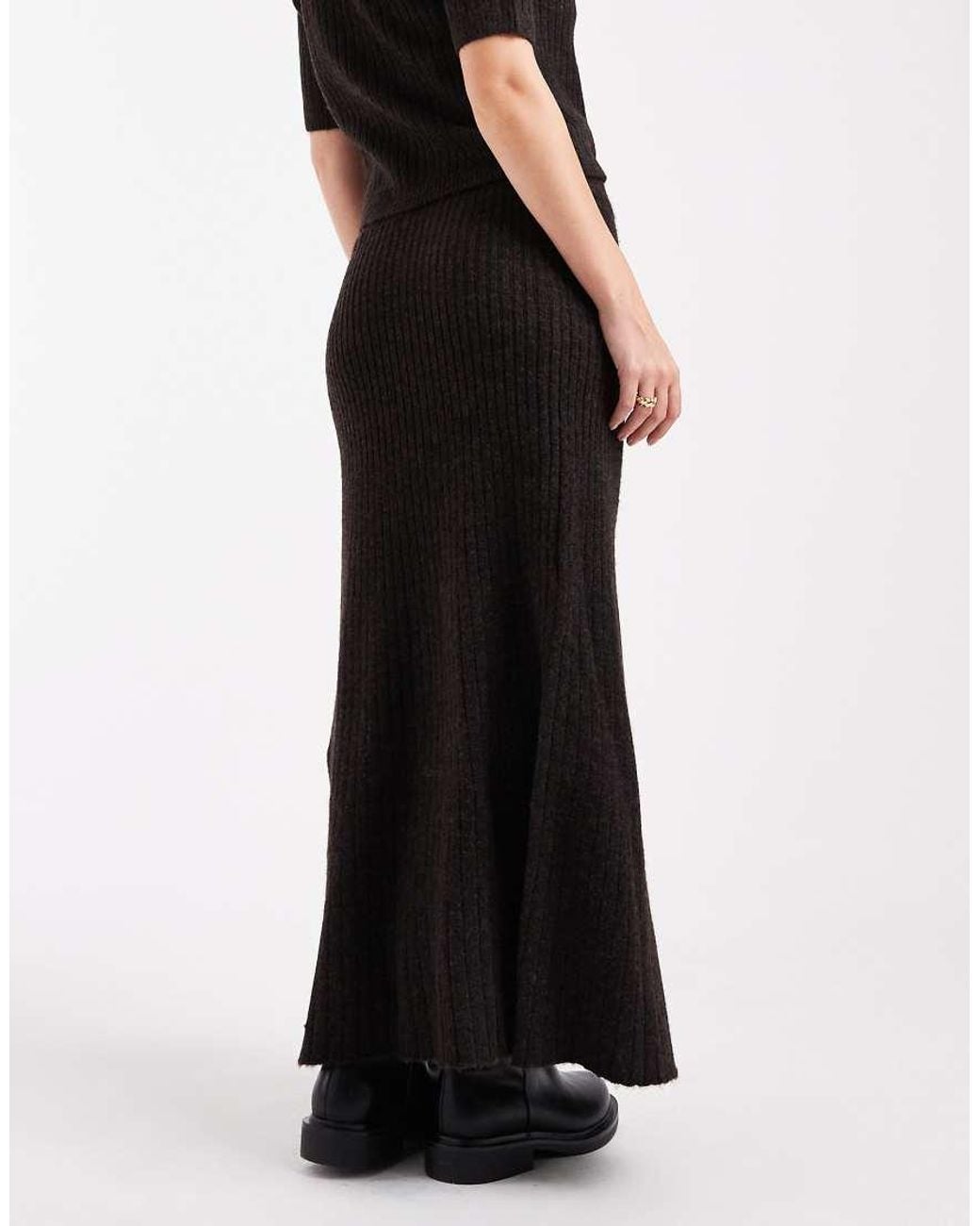 Vero Moda Black Ribbed Knit Button Side Midi Skirt