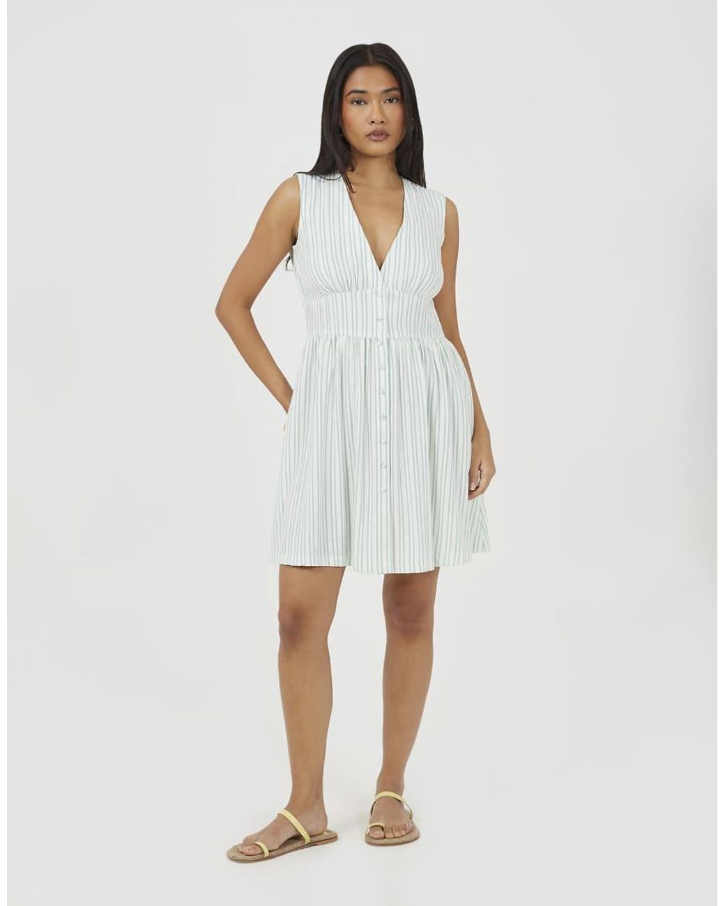 Brave Soul White Stripe Sleeveless Mini Dress With Button Details