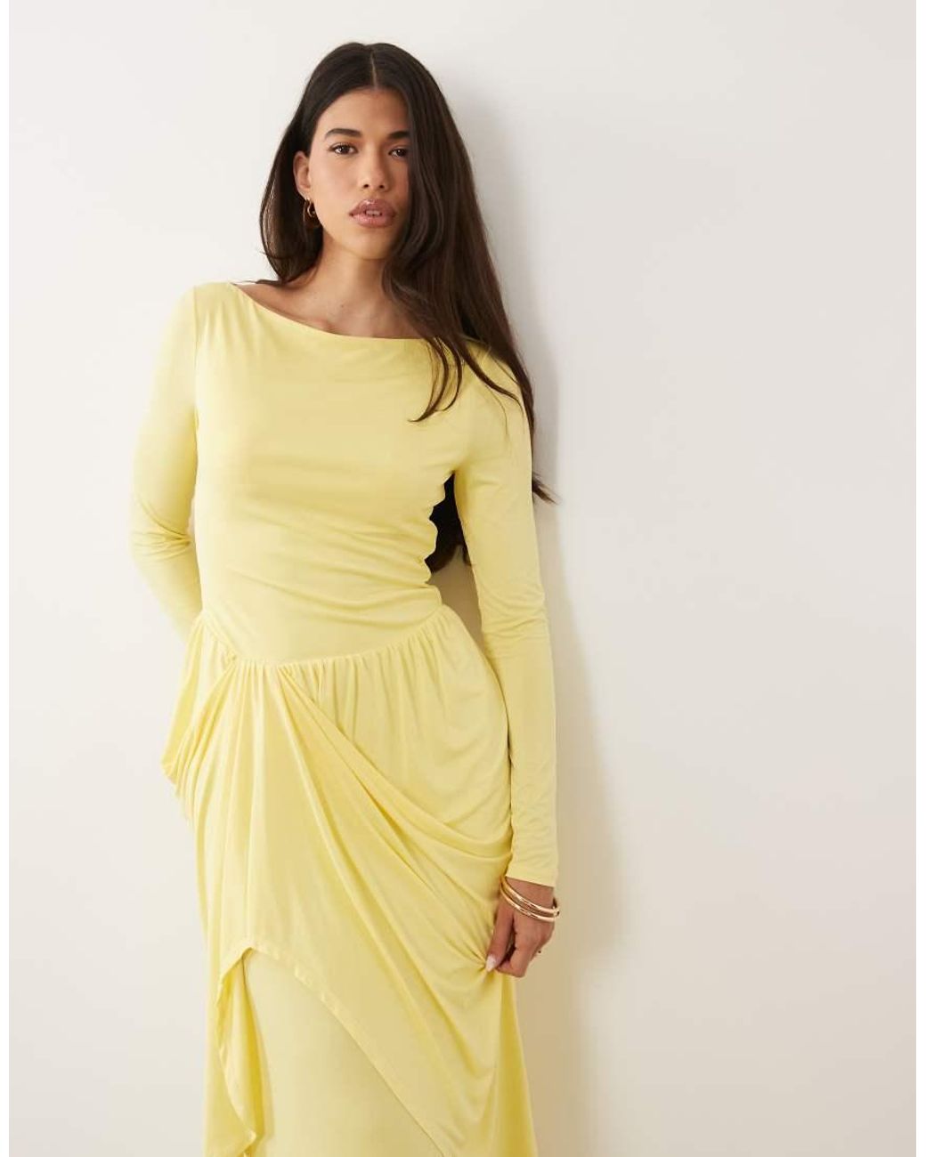 DASKA Yellow Boat Neck Long Sleeve Draped Skirt Maxi Dress