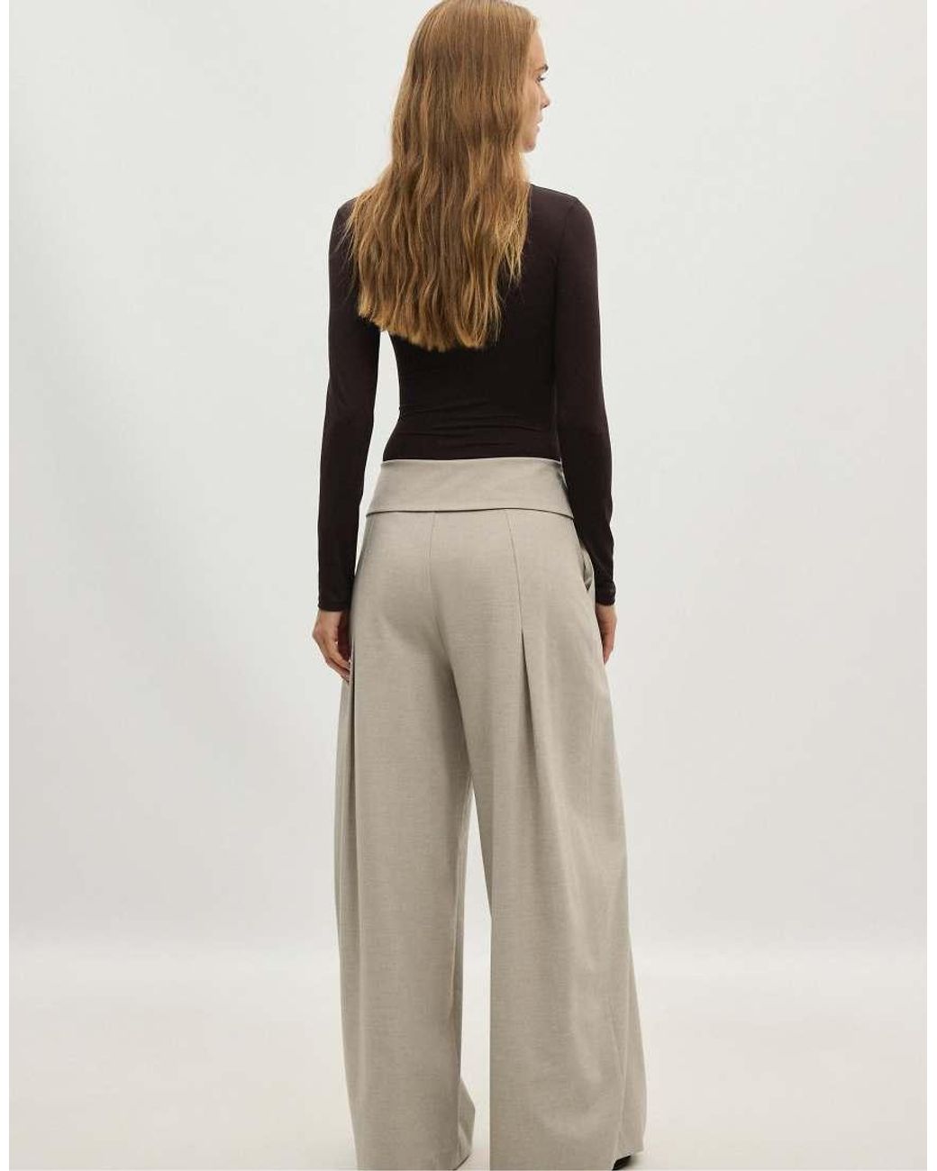 Stradivarius Natural Wide-leg Trousers With Turned-up Waistband