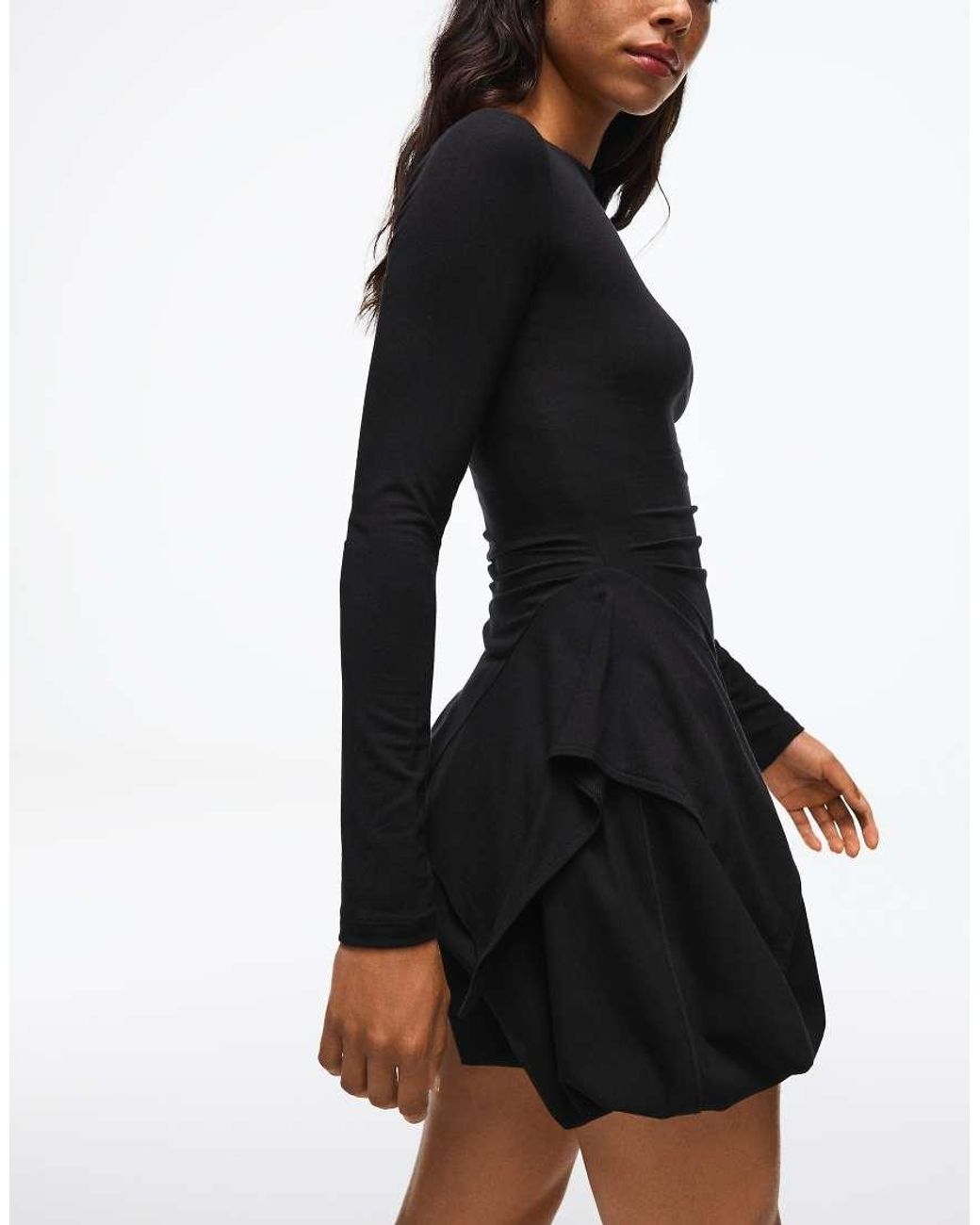 Bershka Black Long Sleeve Asymmetric Gathered T-shirt