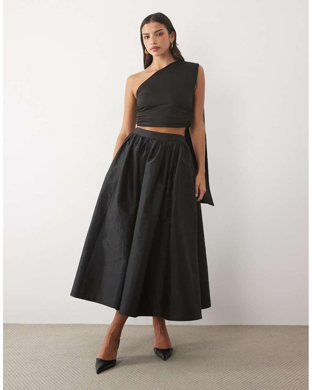 LACE & BEADS Black Satin High Waist Full Maxi Skirt