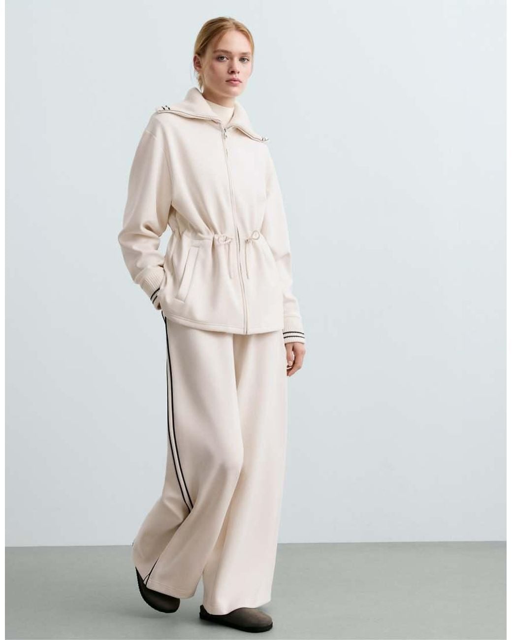 Oysho White Straight-Leg Trousers With Modal, Brushed Finish And Piping