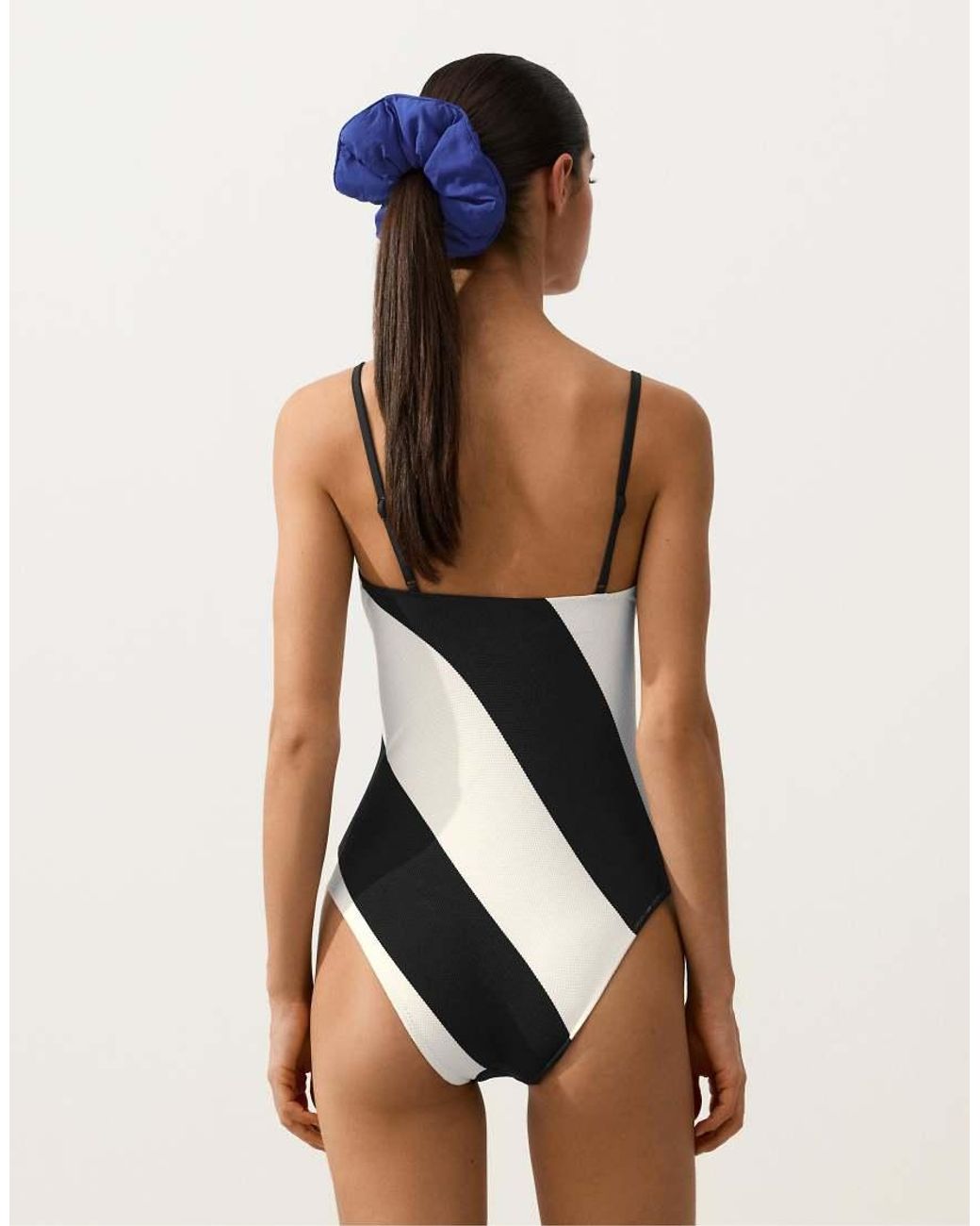 Oysho Black Diagonal Stripe Piqué Bandeau Swimsuit