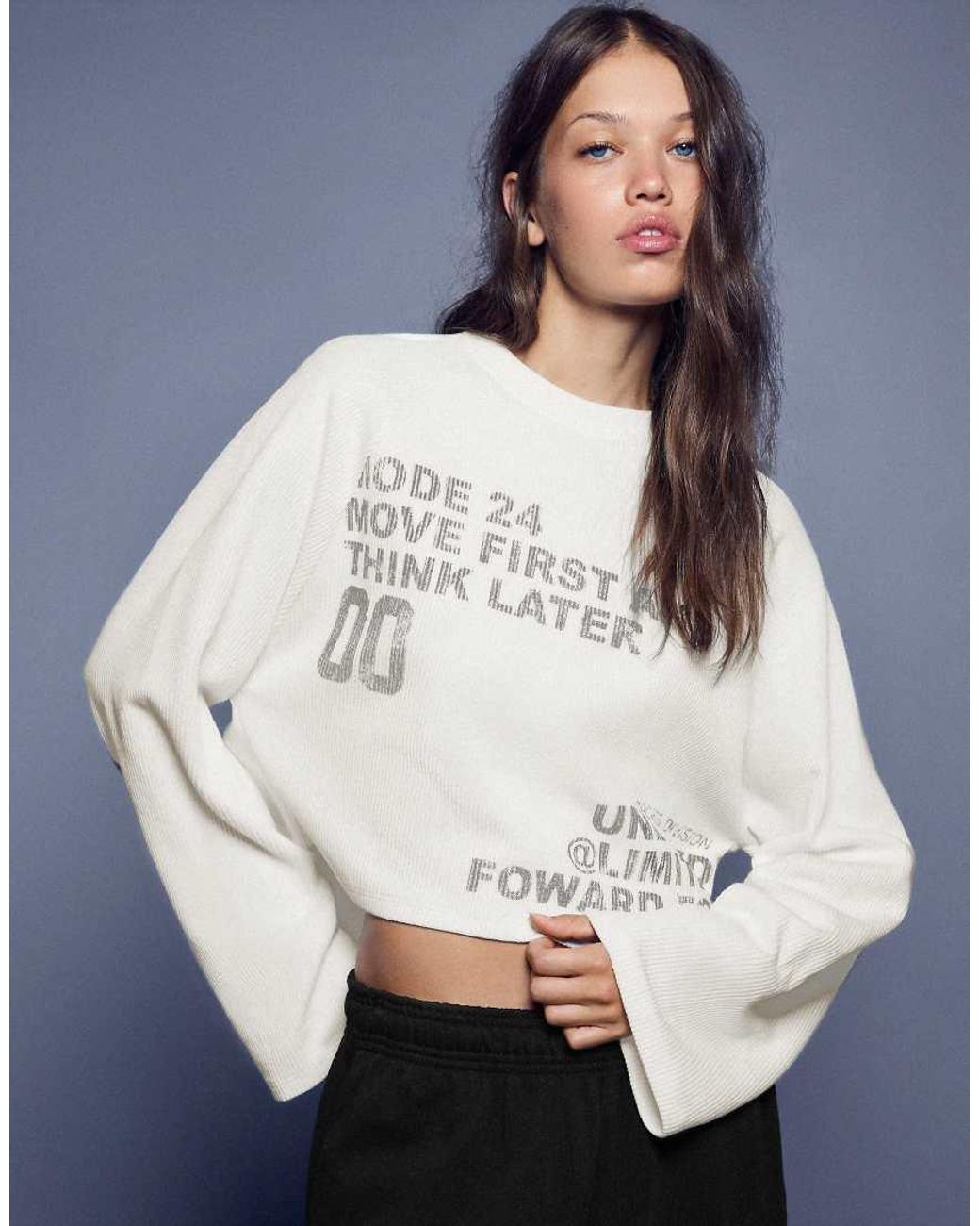 Bershka Blue Round Neck Print Sweatshirt
