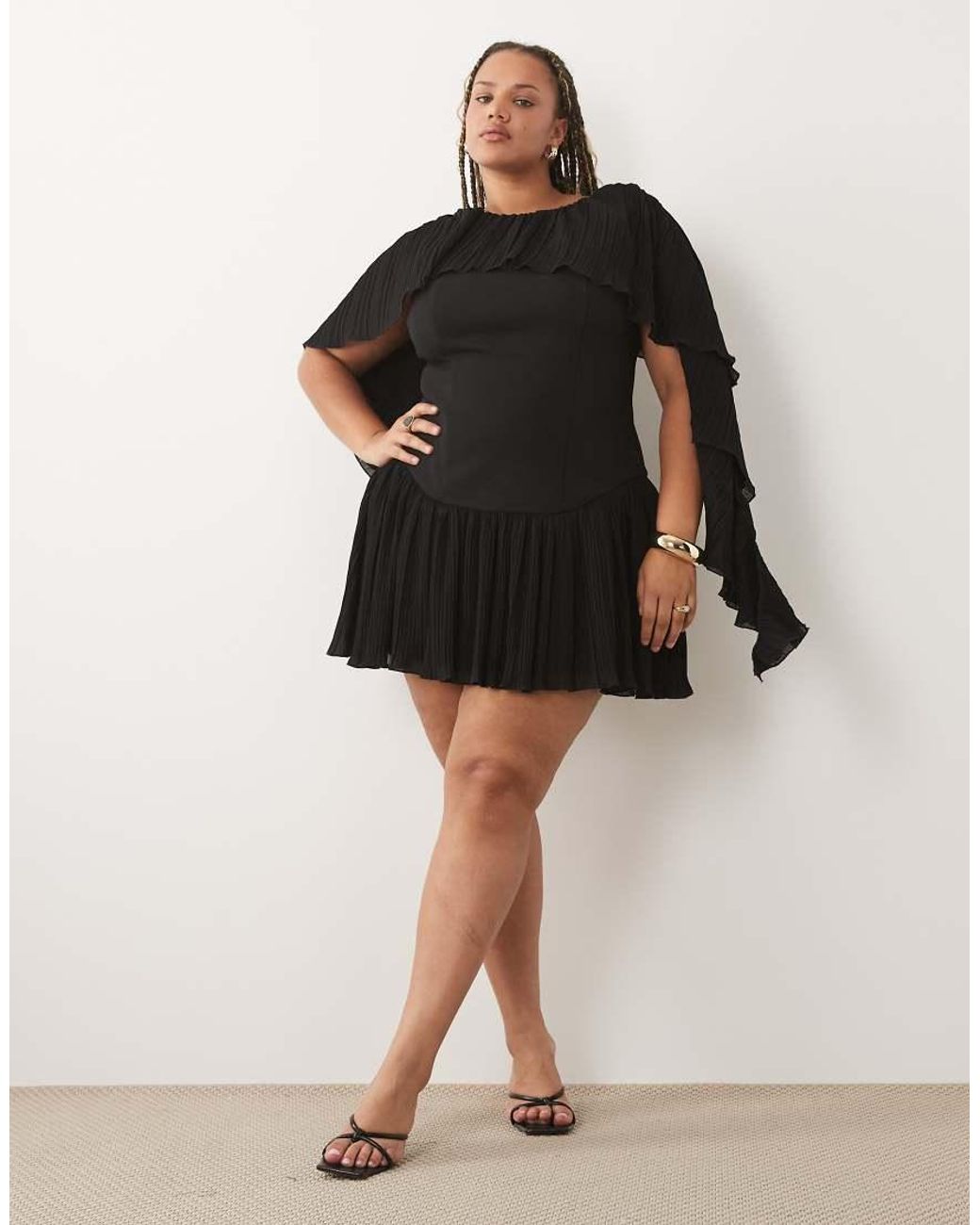 ASOS Black Curve Pleated Shoulder Drape Structured Mini Dress With Frill Skirt
